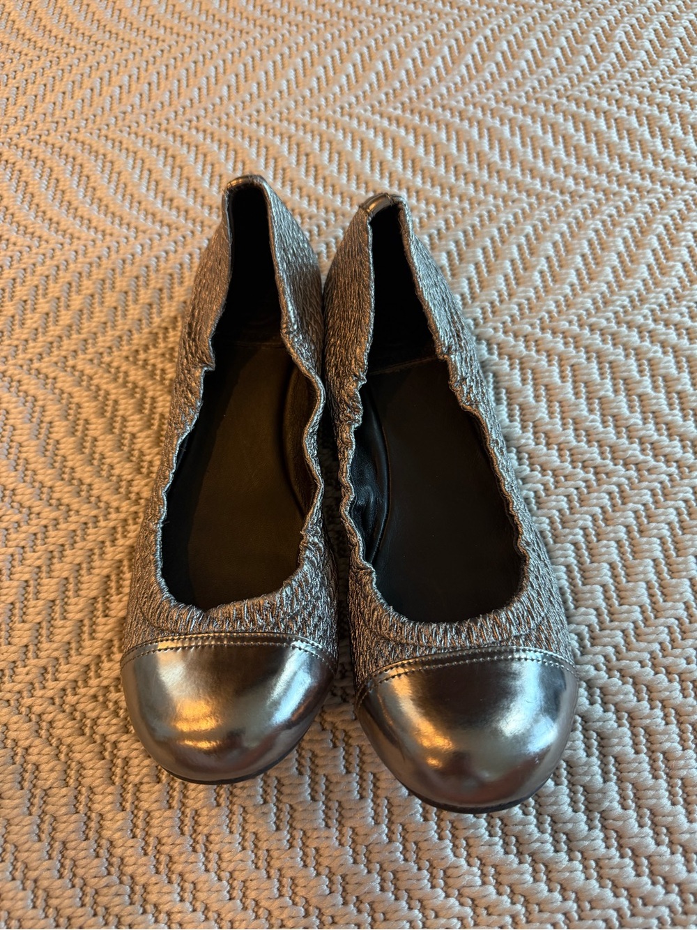 Tory Burch Silver Knit Ballet Flats with Metallic Toe